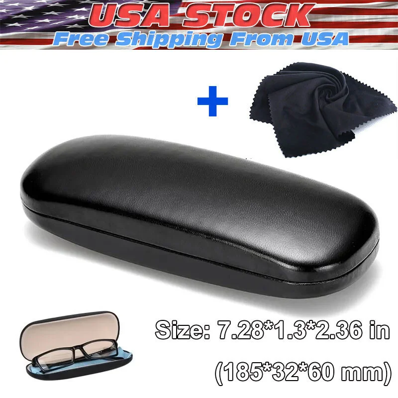 NEW Clam Shell Hard Eyeglasses PU Glasses Case Black w/Microfiber Cleaning Cloth